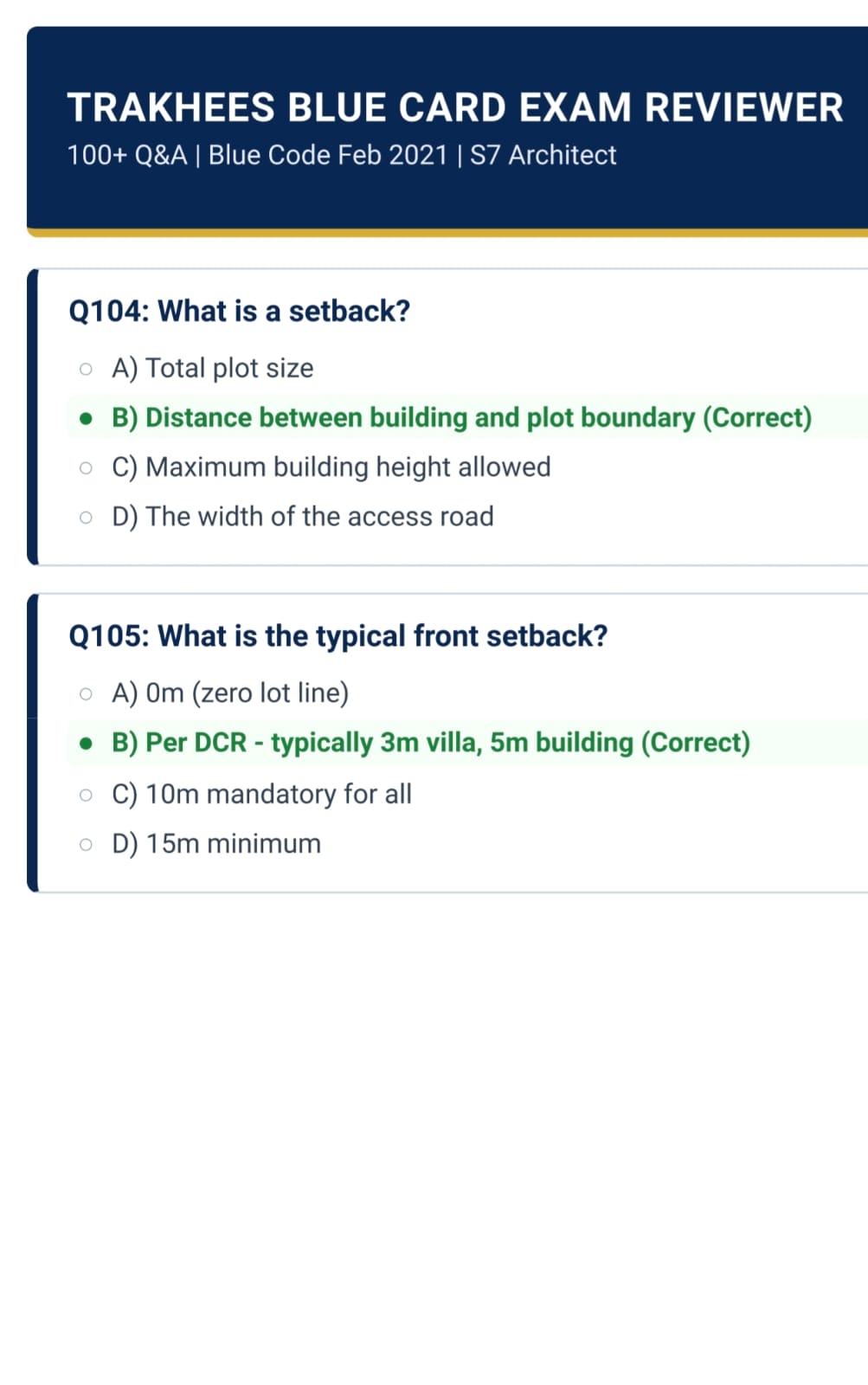 Trakhees G+7 Architect Blue Card Exam Reviewer – Questions & Answers