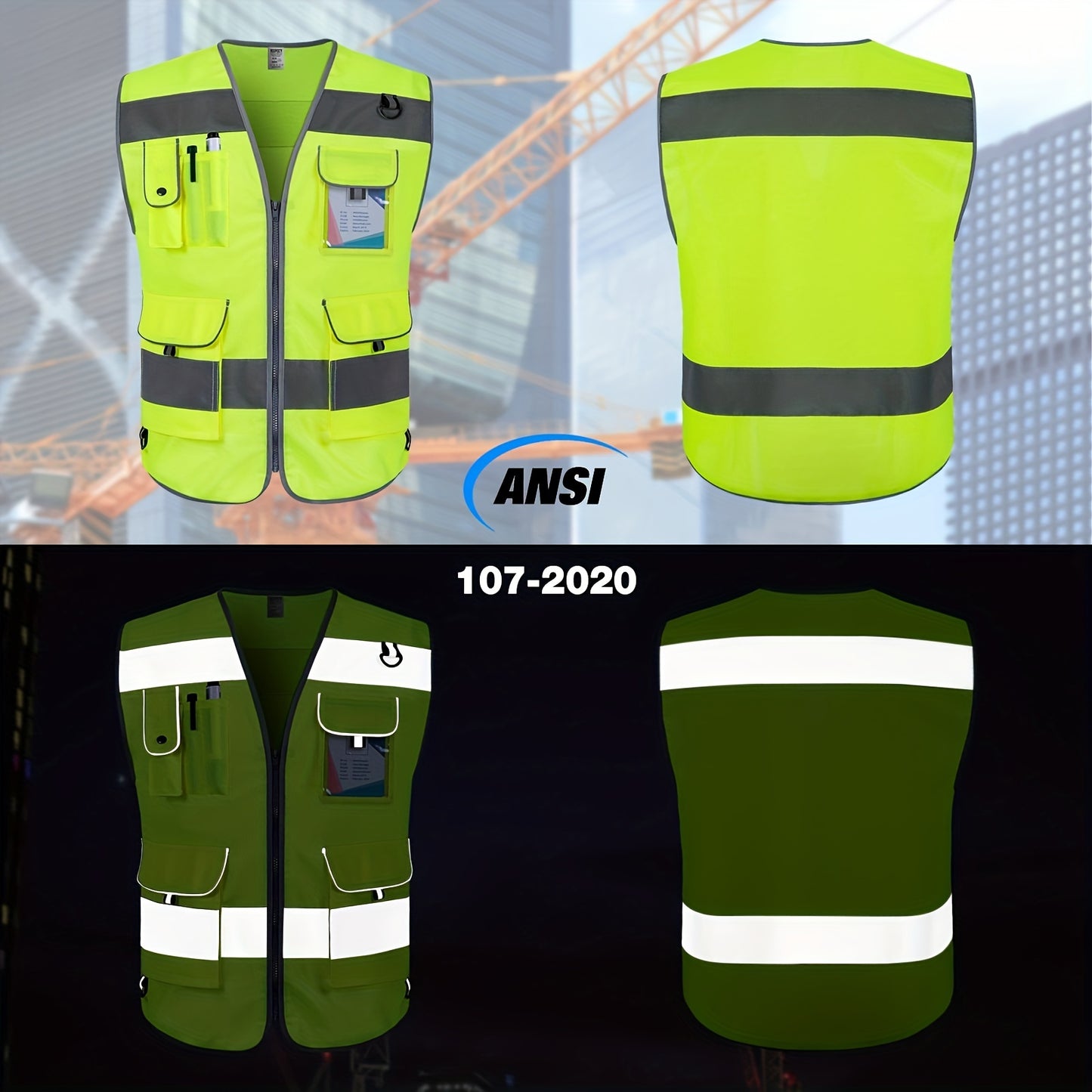 1pc Premium Hi-Vis Safety Vest - Vests for Men and Women with 9 Pockets, Reflective and Reinforced, Meets ANSI/ISEA Standards for Construction, Surveyors, Drivers, and Warehouse Workers - Durable 120g Fabric and Enhanced Visibility