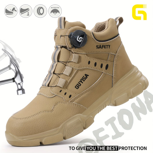 GUYISA Men'S Plus Size Steel Toe Work Boots - Heavy-Duty Industrial & Construction Shoes with Smart Buckles, Puncture-Resistant, Slip-Resistant EVA Sole, Cushioned Insole - All-Terrain Traction for Warehouse, Factory, Outdoor - Beige/ Tan - Extended Size