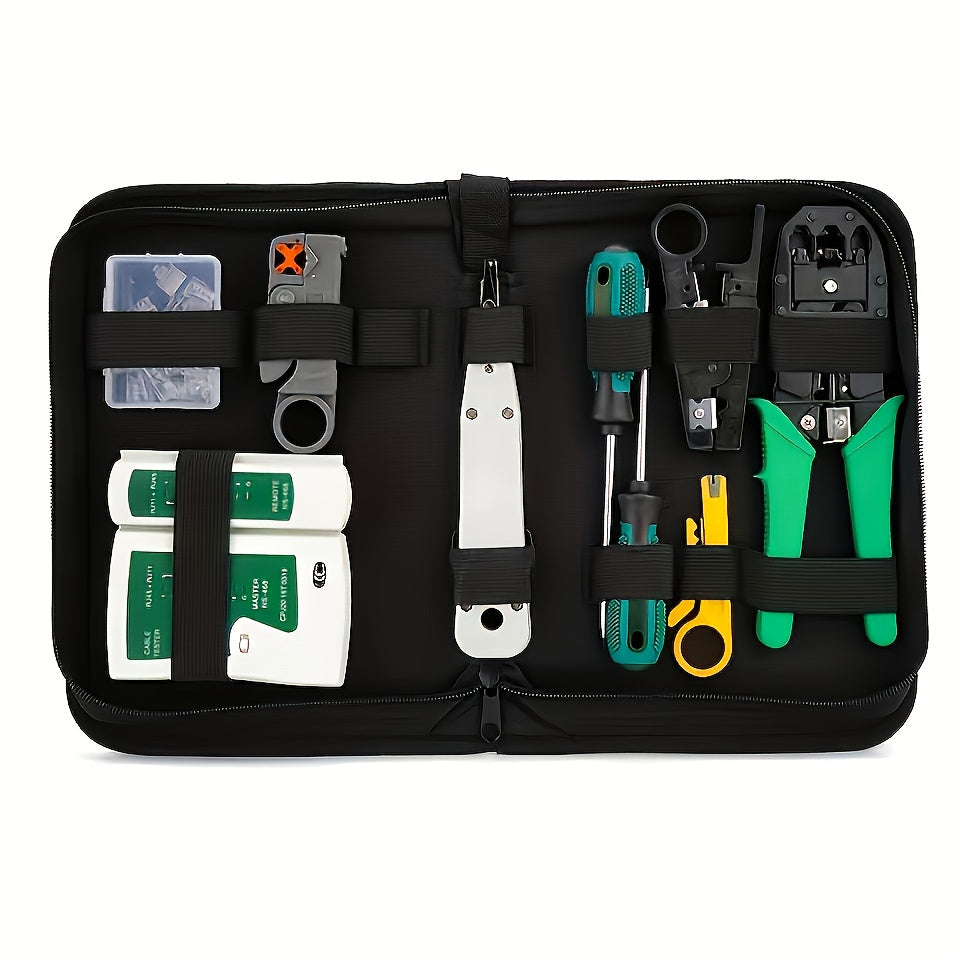 11-in-1 Portable Ethernet Cable Crimper Kit for Cat5, Cat5e, Cat6 - Includes Ethernet Crimping Tool, 8P8C & 6P6C Connectors, RJ45 & RJ11 Testers, Punch Down Tool - Metal Case, Battery Operated (Batteries Not Included), Network Installation | Compact Desi