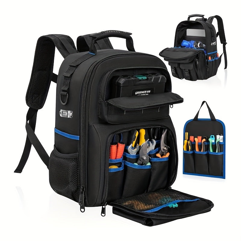 Heavy-Duty Electrician's Tool Backpack - Large Capacity Cut-Resistant Multi-Pocket Design with Padded Shoulder Straps, Suitable for electricians, contractors and plumbing/HVAC maintenance professionals. Durable fabric construction features professional t