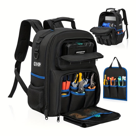 Heavy-Duty Electrician's Tool Backpack - Large Capacity Cut-Resistant Multi-Pocket Design with Padded Shoulder Straps, Suitable for electricians, contractors and plumbing/HVAC maintenance professionals. Durable fabric construction features professional t