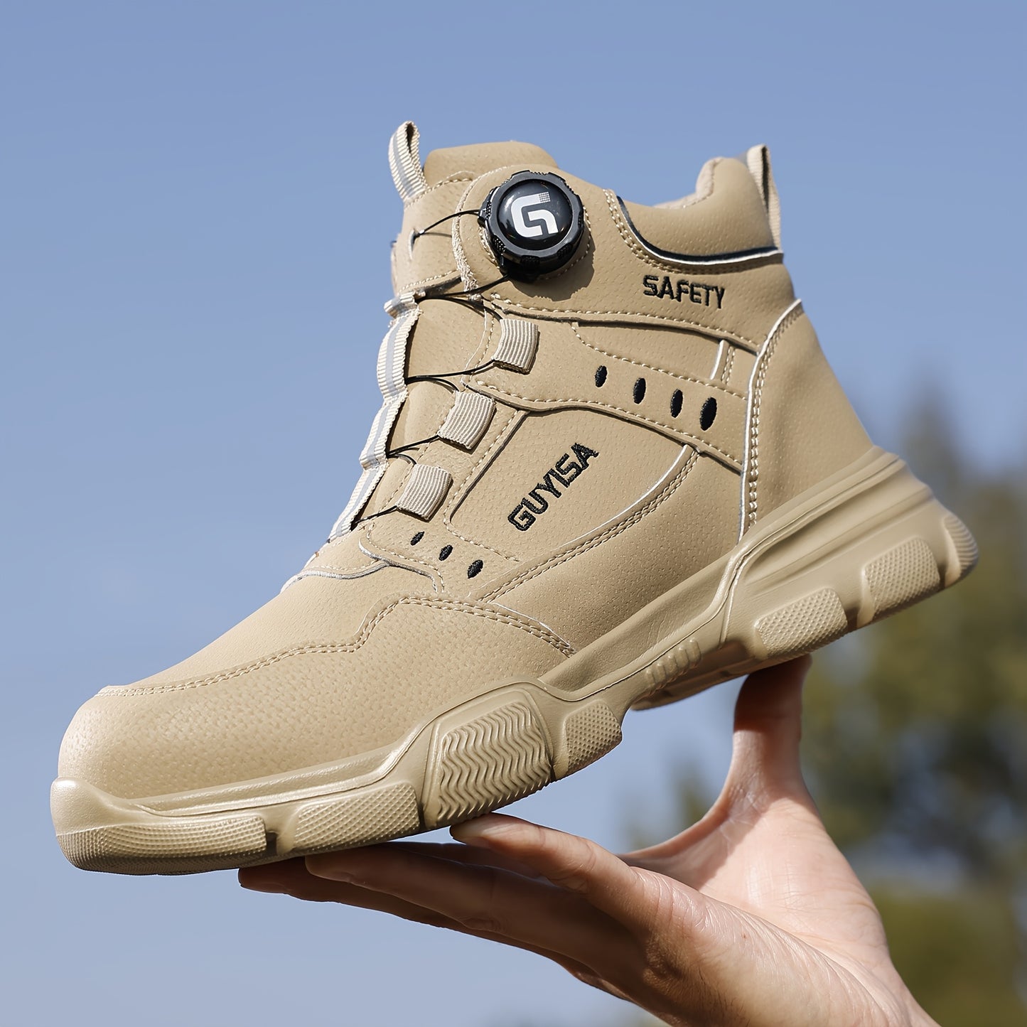 GUYISA Men'S Plus Size Steel Toe Work Boots - Heavy-Duty Industrial & Construction Shoes with Smart Buckles, Puncture-Resistant, Slip-Resistant EVA Sole, Cushioned Insole - All-Terrain Traction for Warehouse, Factory, Outdoor - Beige/ Tan - Extended Size